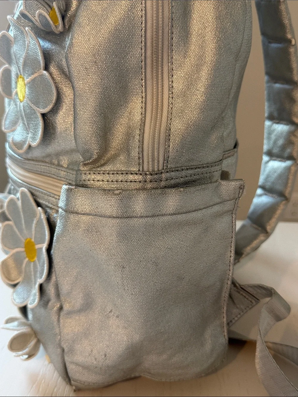 STATE Metallic Silver Daisy Patch Kane Kids Mini Backpack